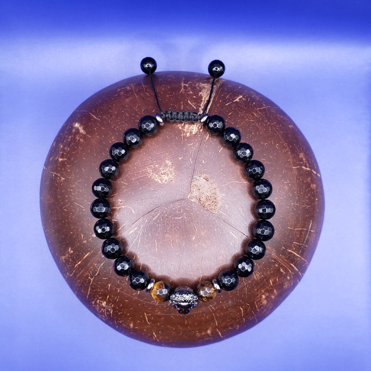 Faceted Onyx and Tiger's Eye Bracelet with Lion's Head Charm