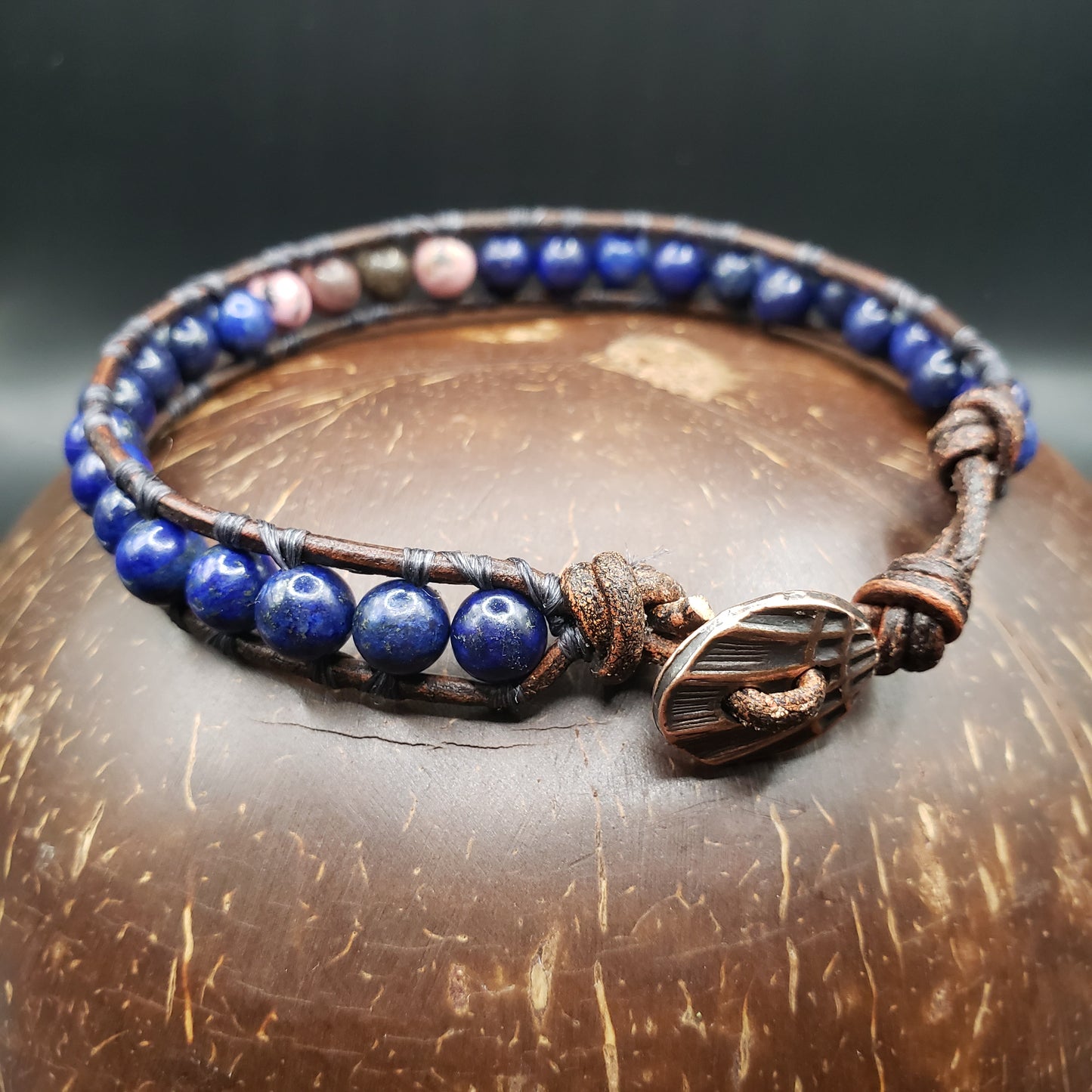 Lapis Lazuli and Rhodonite Leather and Beaded Bracelet