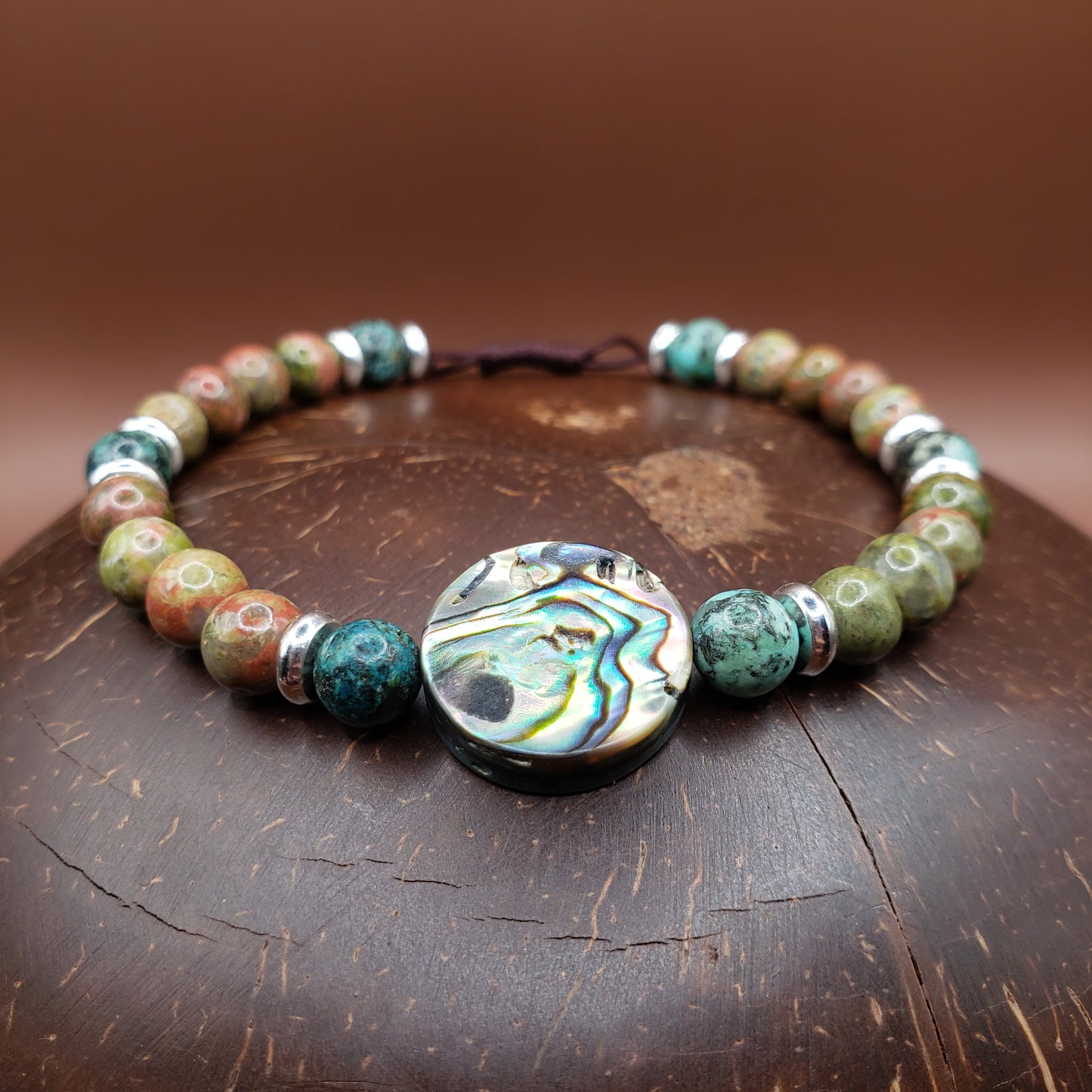 Unakite, Jasper ("African Turquoise"), and Abalone Shell Bracelet