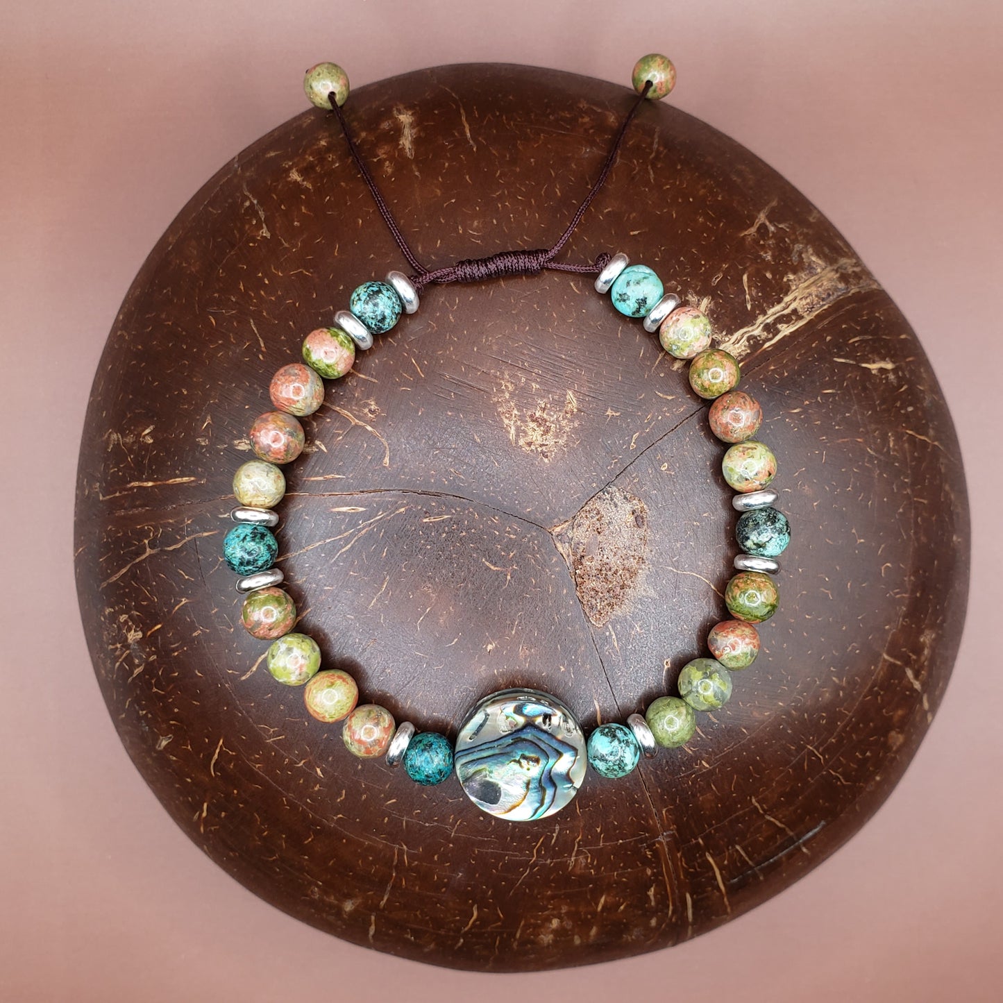 Unakite, Jasper ("African Turquoise"), and Abalone Shell Bracelet