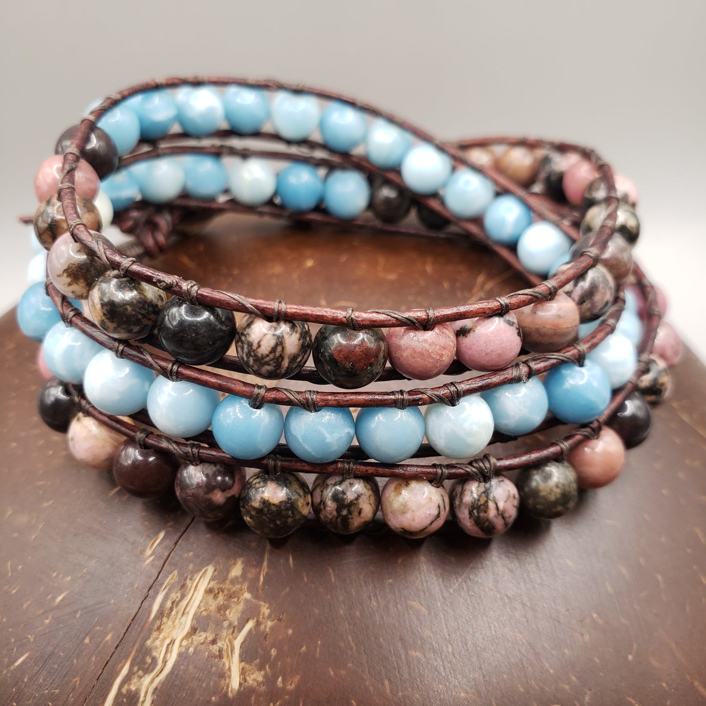 Rhodonite and Larimar Leather Wrap Bracelet