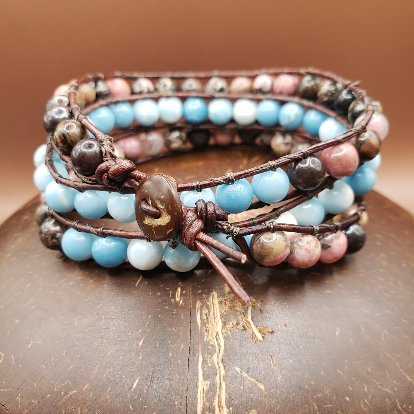 Rhodonite and Larimar Leather Wrap Bracelet
