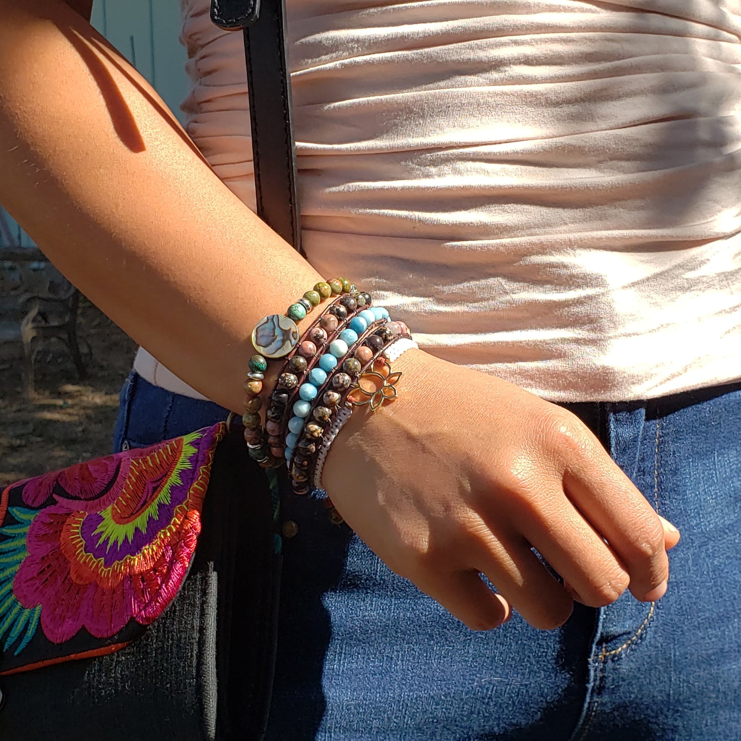 Rhodonite and Larimar Leather Wrap Bracelet
