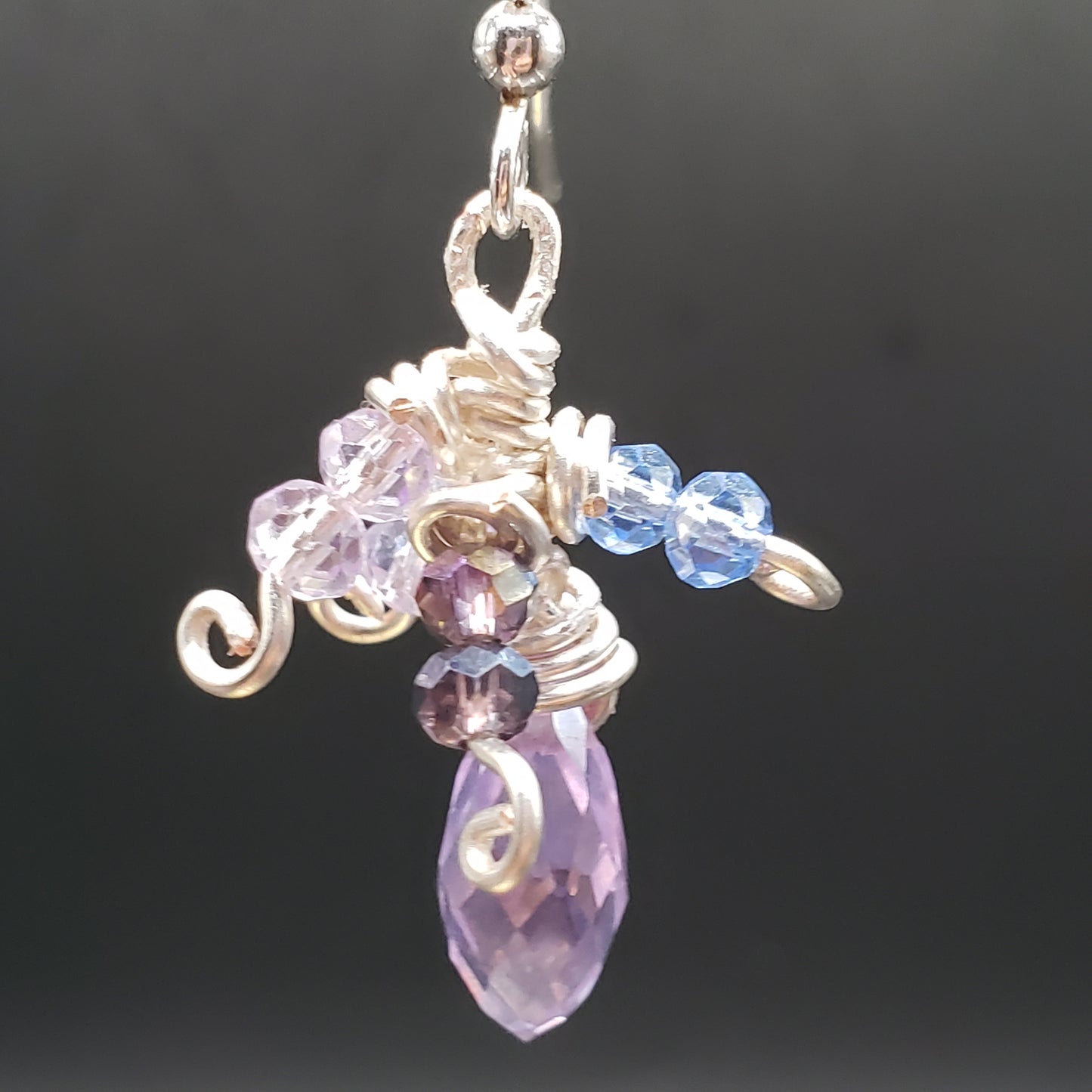 Blue and Lavender Wire Wrapped Crystal Cluster Drop Earrings