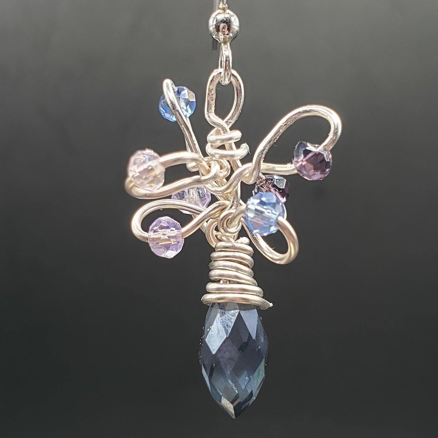 Crazy Dragonflies - Deep Blue Wire Wrapped Crystal Drop Earrings