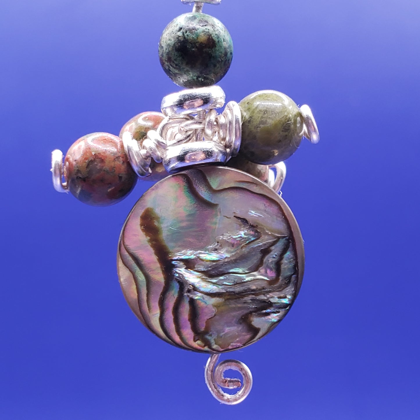 Wire-wrapped Abalone Shell Cluster Drop Earrings with Unakite and Jasper ("African Turquoise")