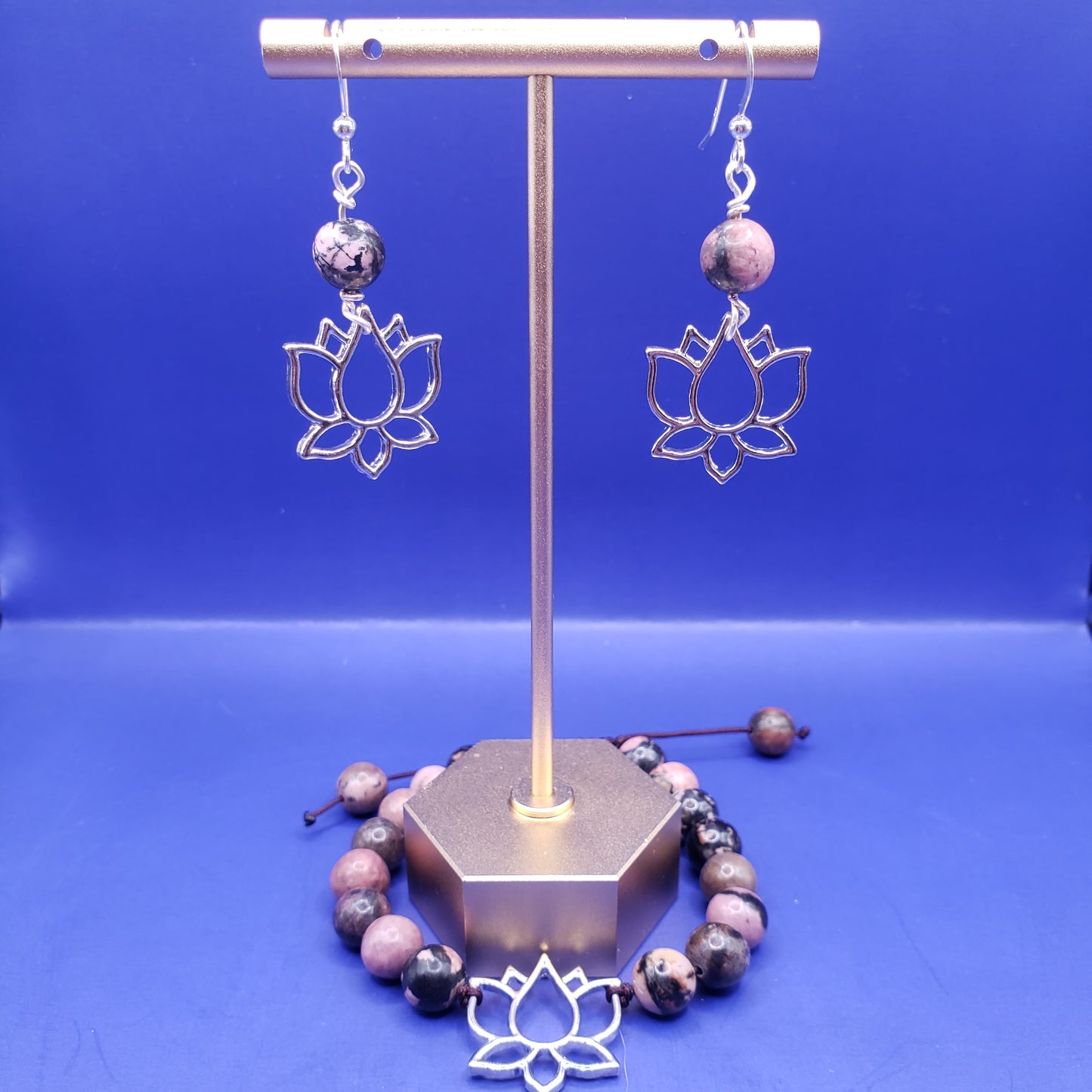 Lotus and Rhodonite Earrings