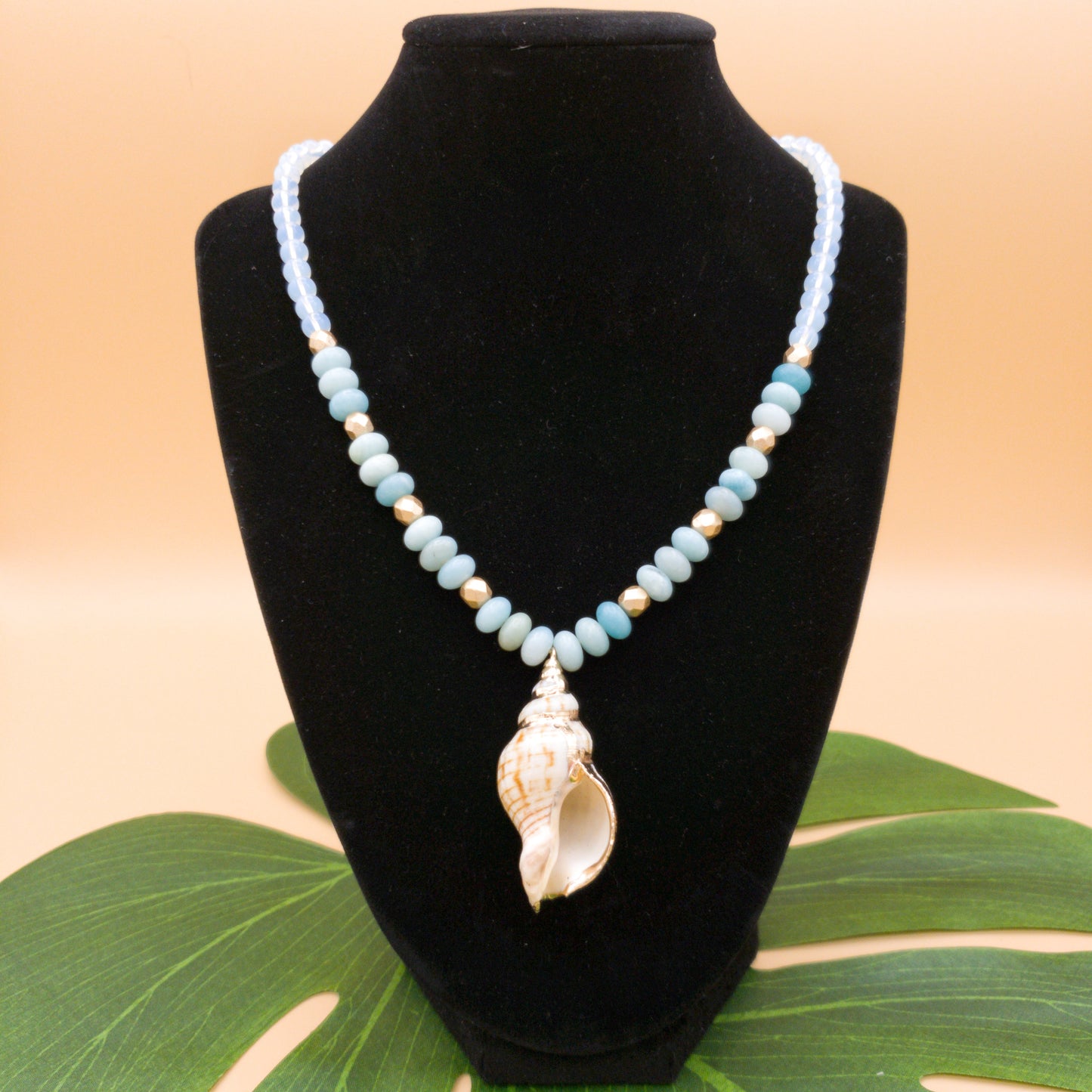 Amazonite and Opalite Necklace with Gold-Plated True Tulip Shell Pendant