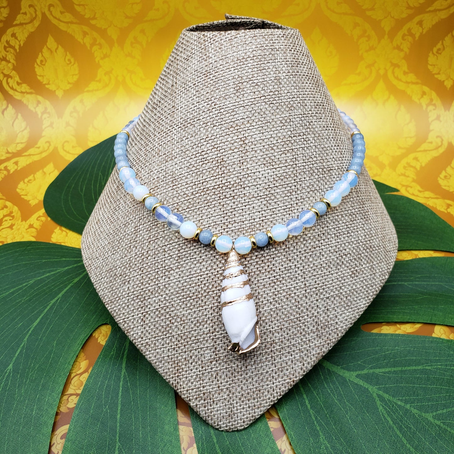 Aquamarine and Opalite with Gold-Plated Cerith Shell Pendant Necklace
