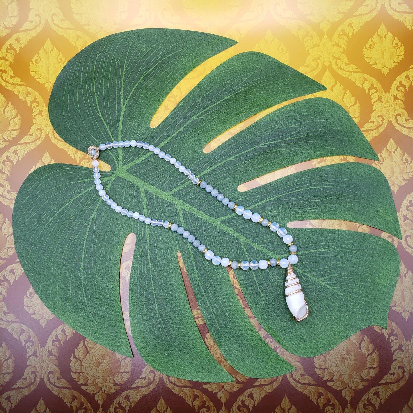 Aquamarine and Opalite with Gold-Plated Cerith Shell Pendant Necklace