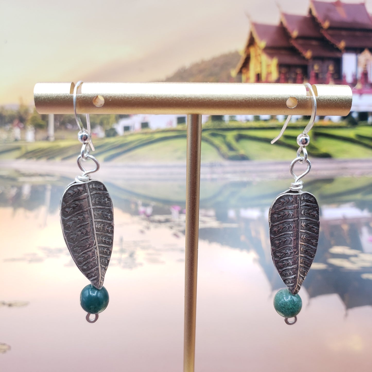 Hilltribe Silver Fern and Moss Agate Earrings