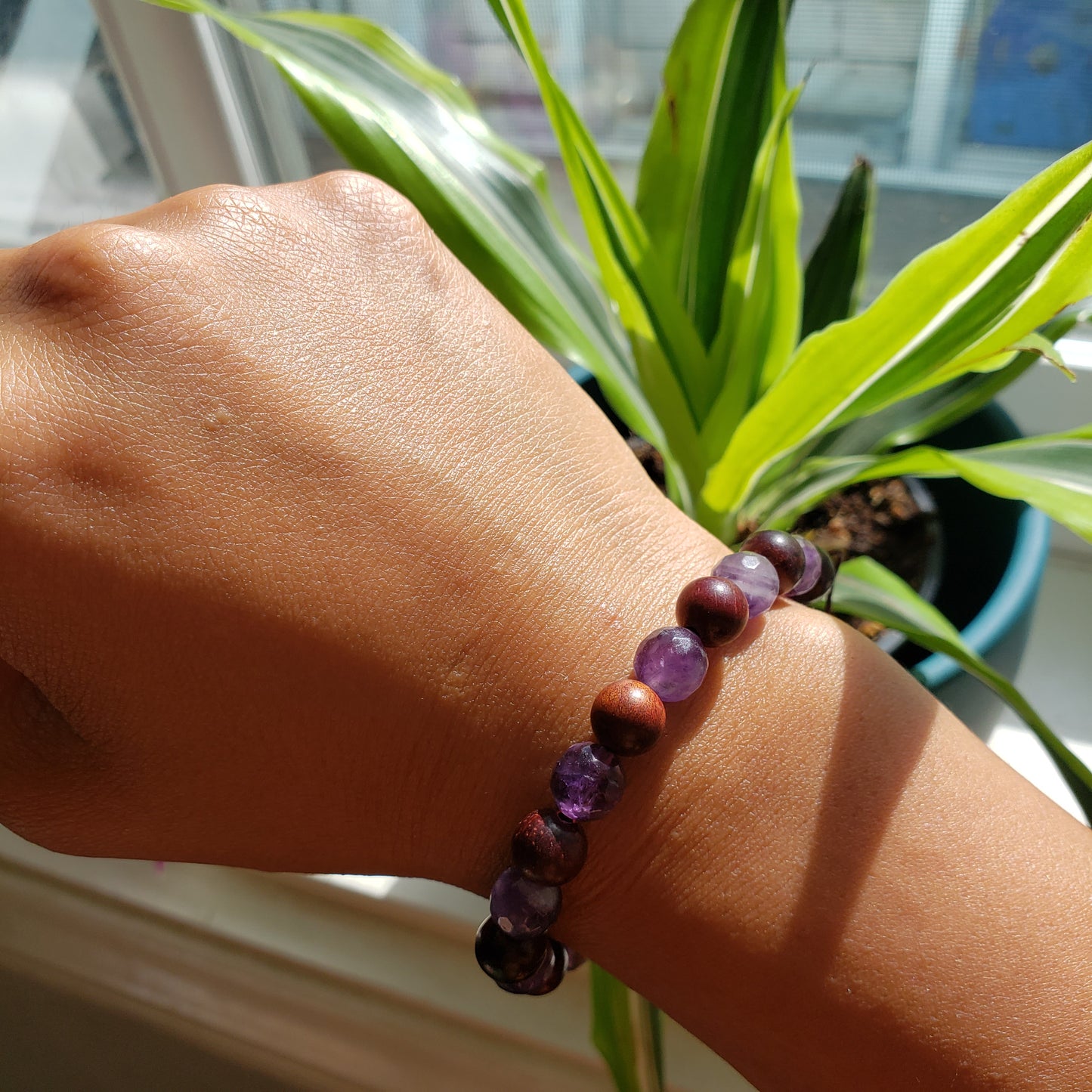 Alternating Amethyst and Wood Bracelet