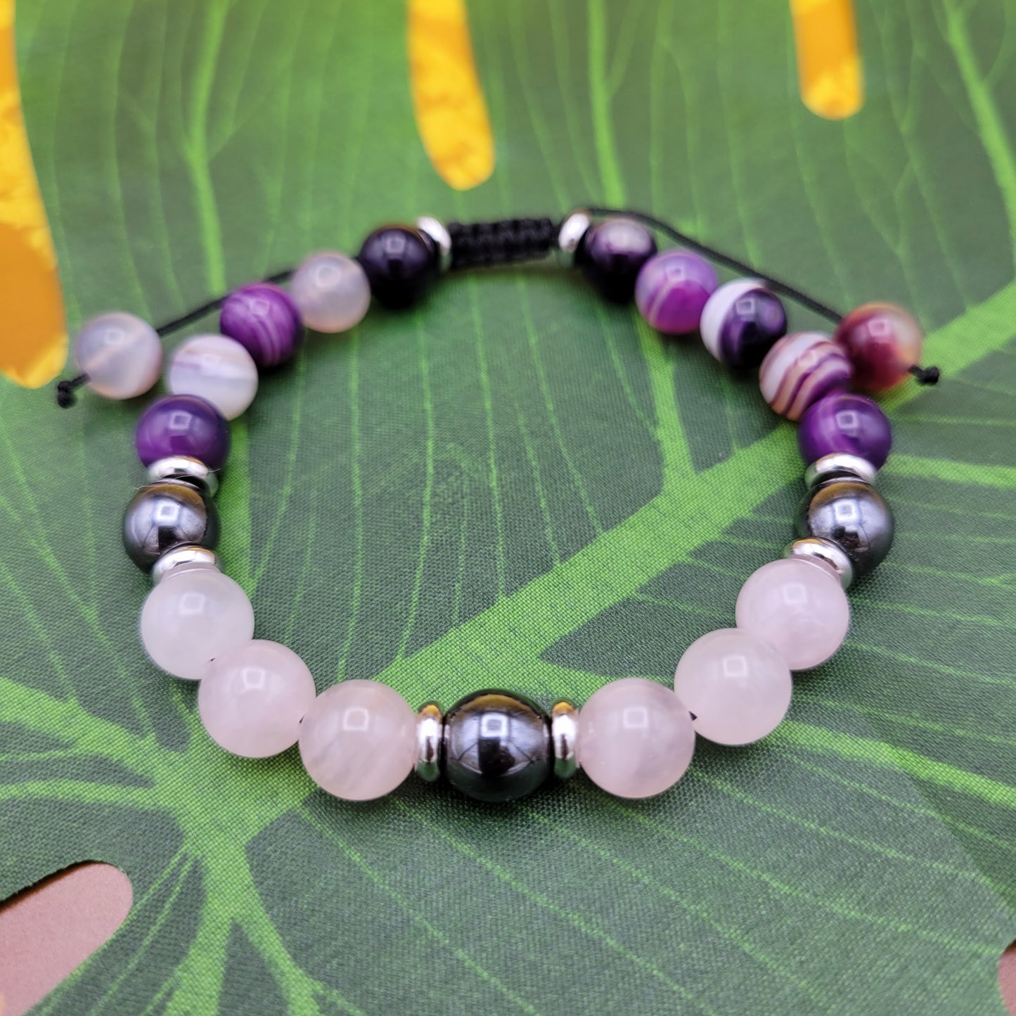 Rose Quartz, Hematite, and Purple-Banded Agate Bracelet