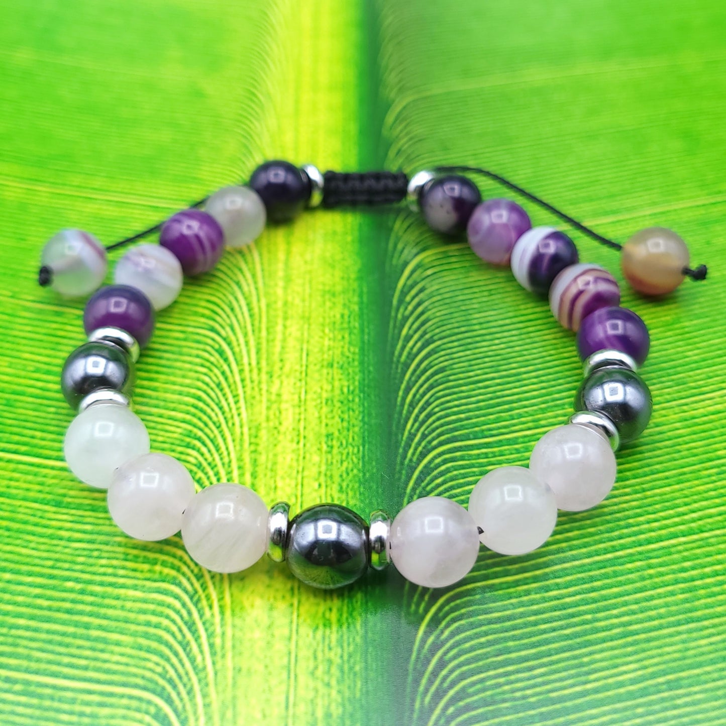 Rose Quartz, Hematite, and Purple-Banded Agate Bracelet