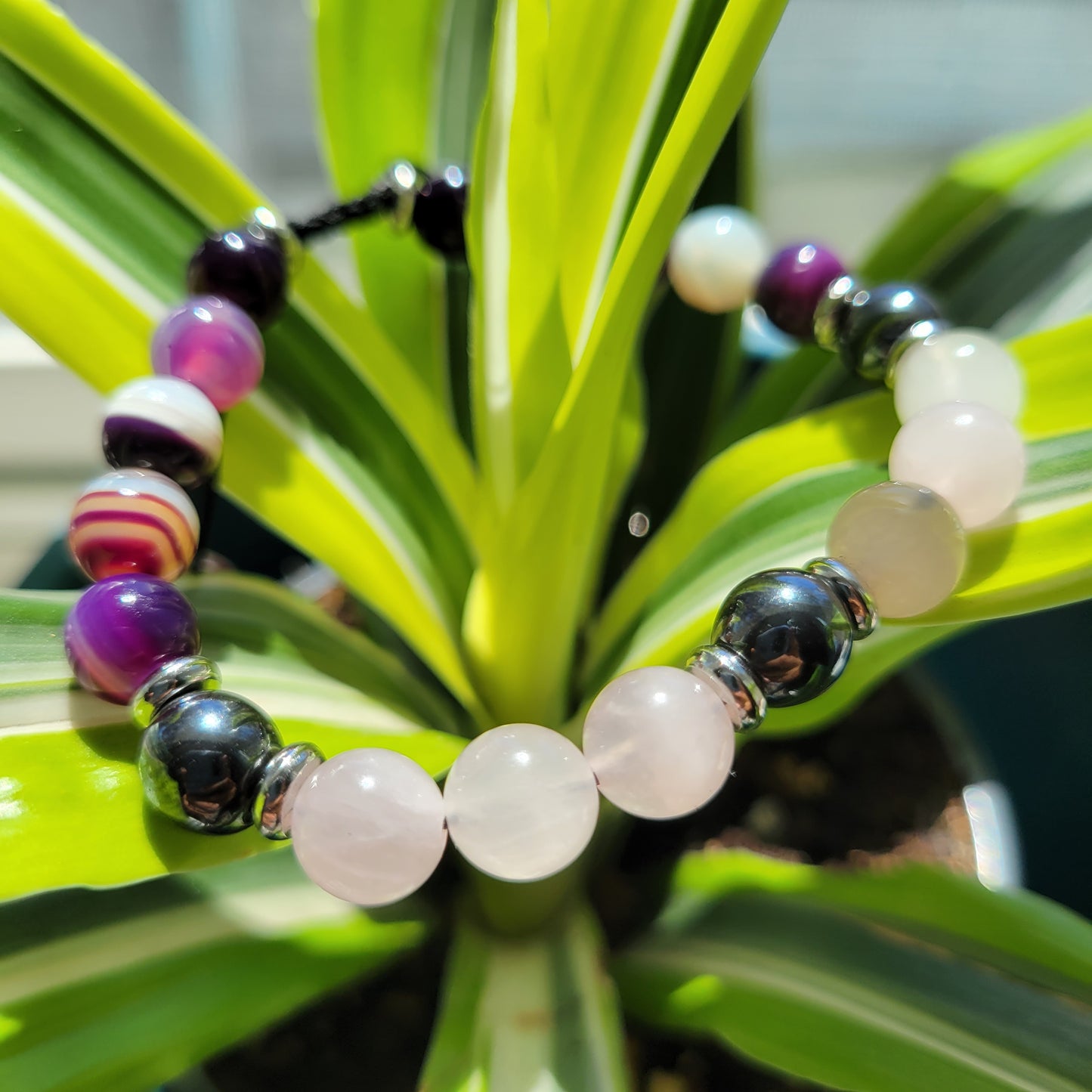 Rose Quartz, Hematite, and Purple-Banded Agate Bracelet