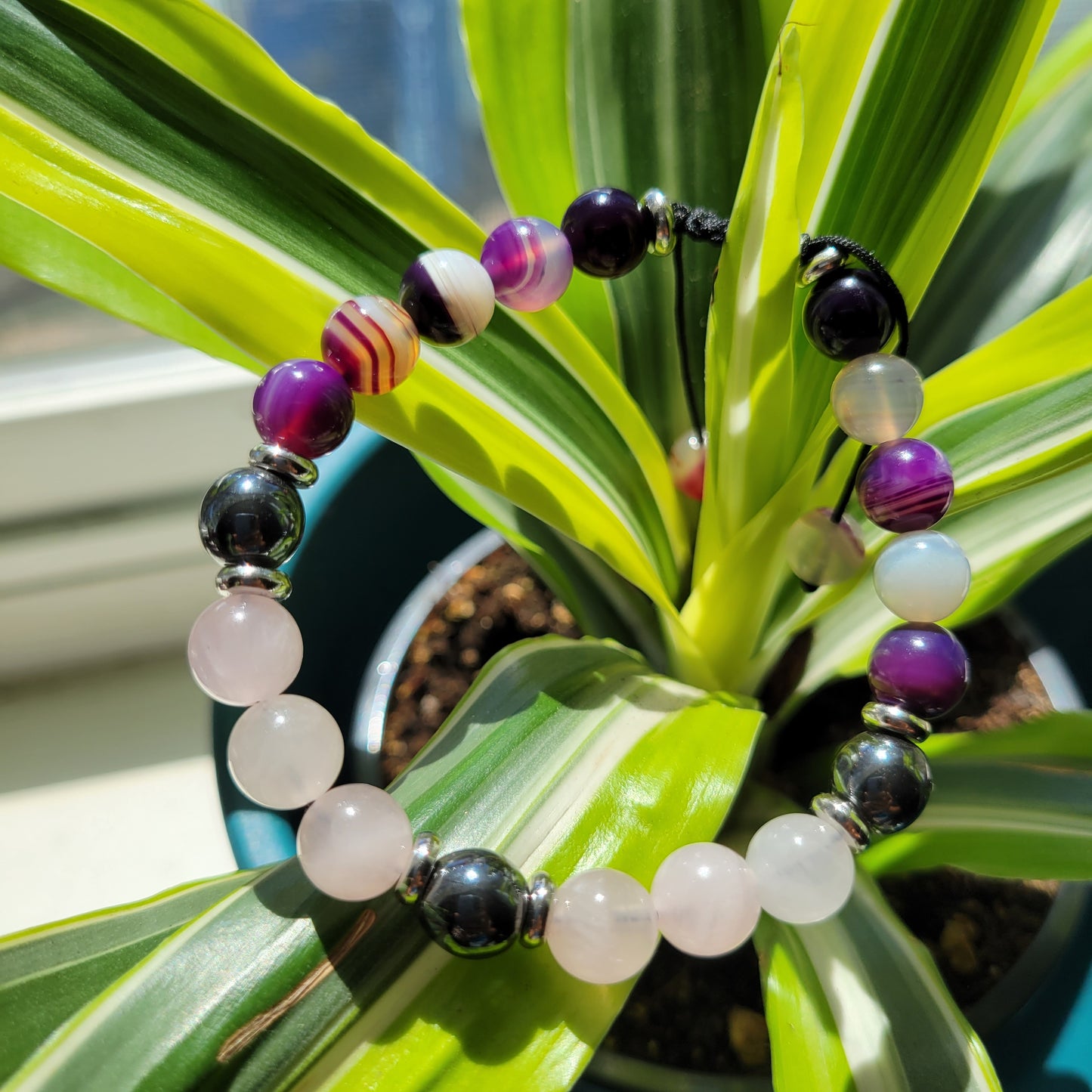 Rose Quartz, Hematite, and Purple-Banded Agate Bracelet
