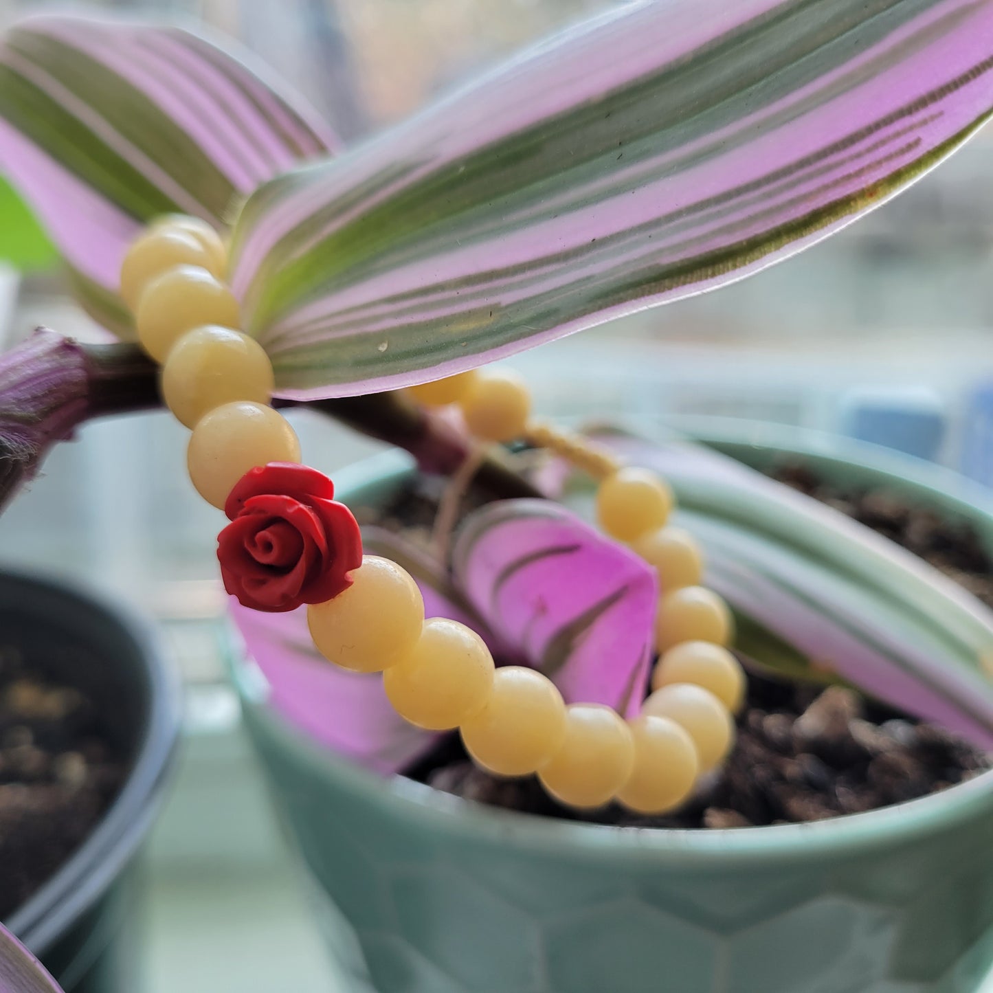 Yellow Jade and Cinnabar Rose Bracelet