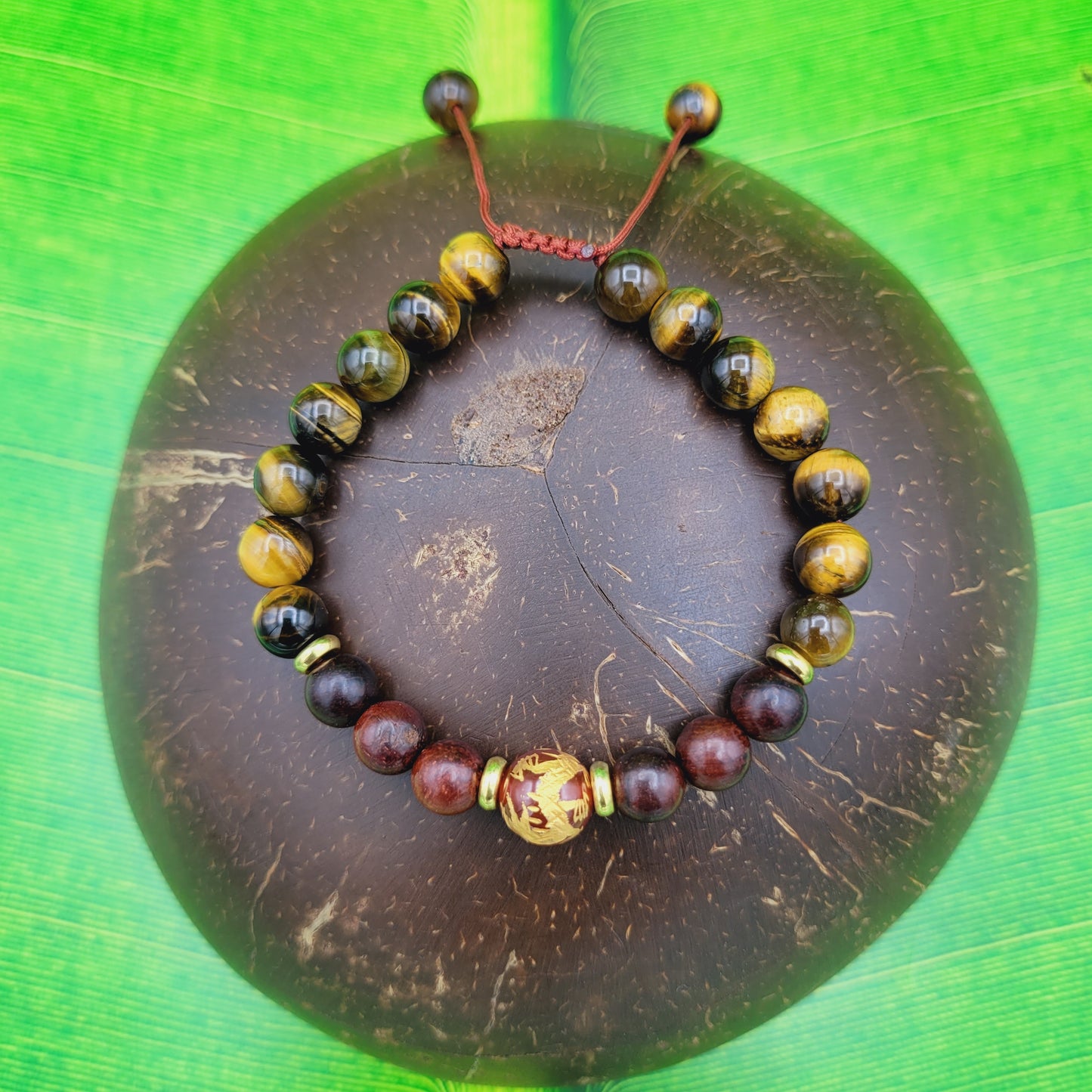 Carved Dragon Carnelian, Wood, and Tiger Eye Bracelet