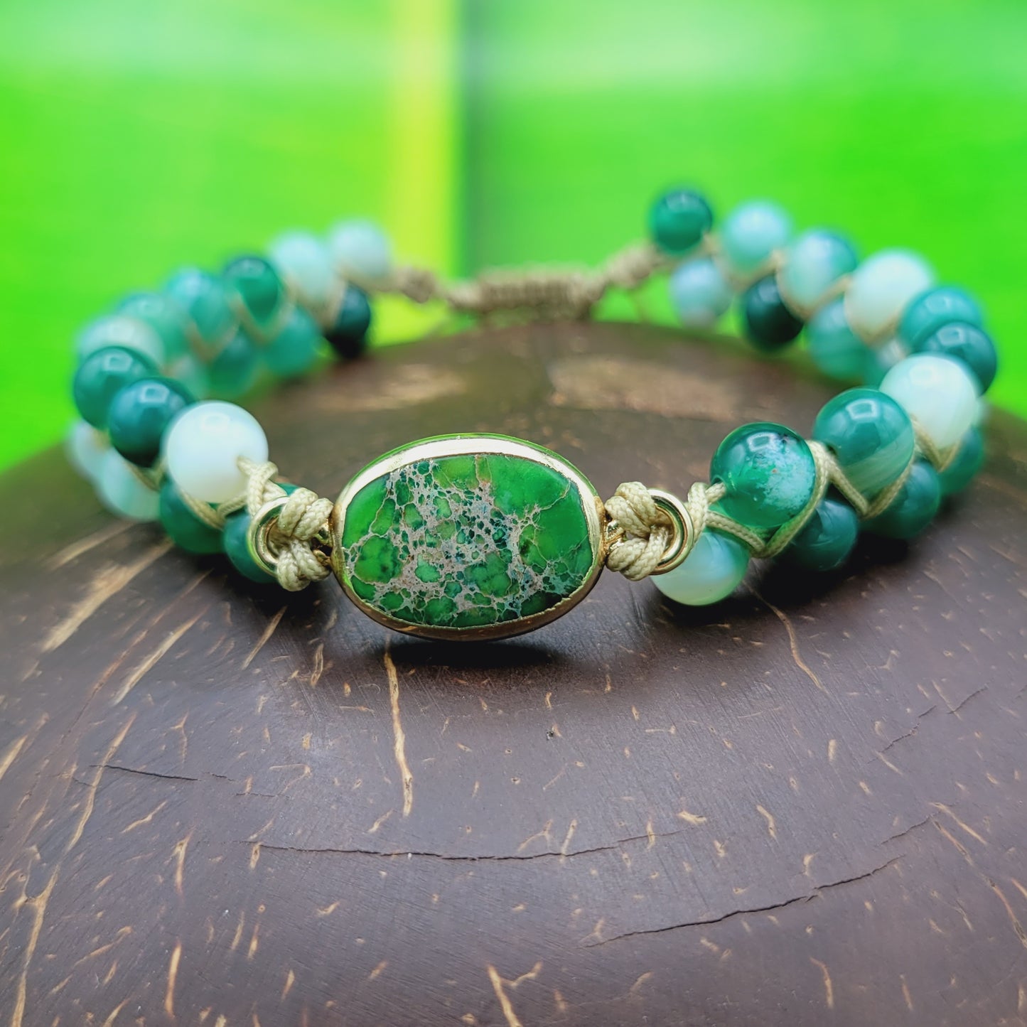 Adjustable Double-Shamballa Sea Sediment Jasper and Green-Banded Agate Bracelet.