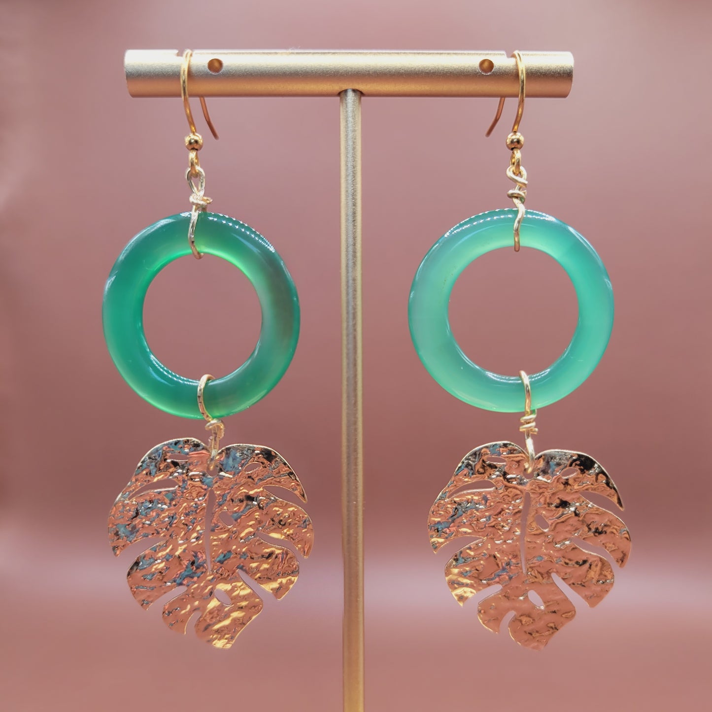 Agate and Monstera Leaf Earrings