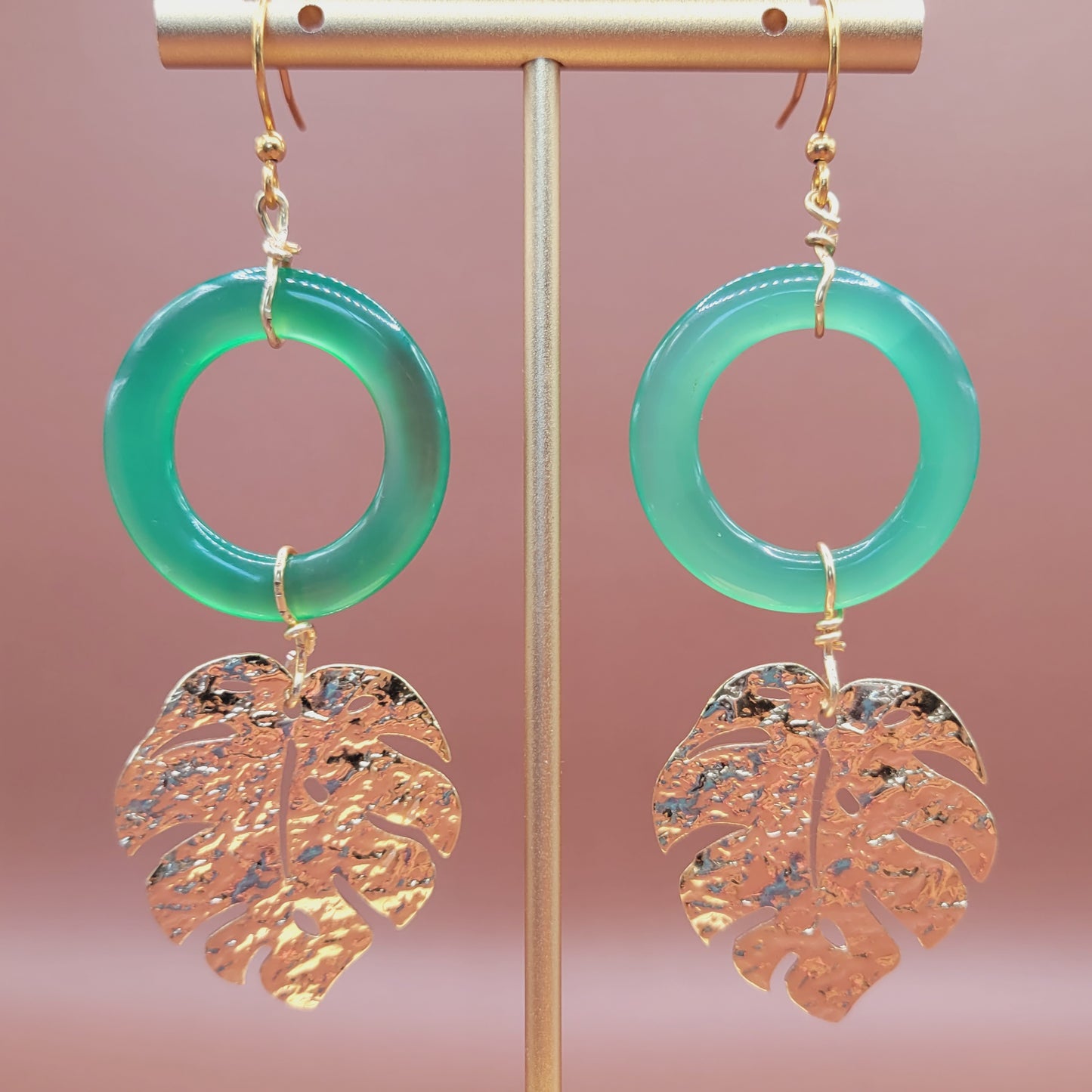 Agate and Monstera Leaf Earrings