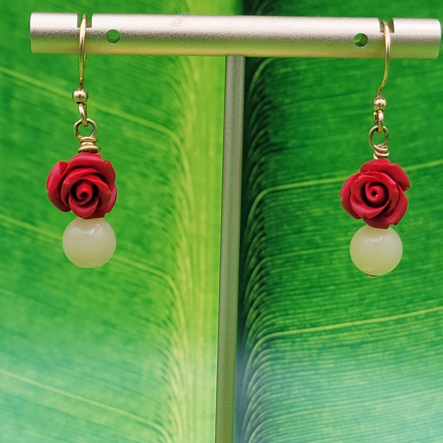 Yellow Jade and Cinnabar Rose Earrings