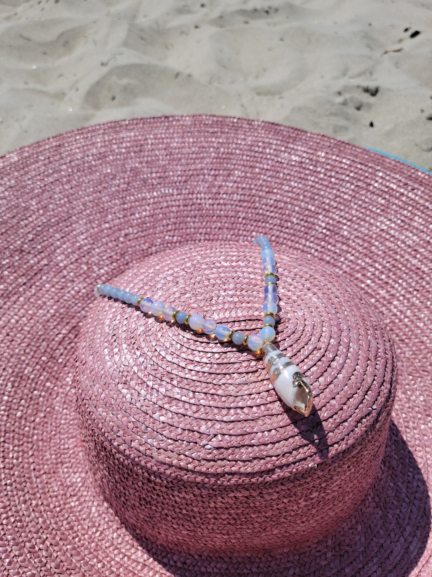 Aquamarine and Opalite with Gold-Plated Cerith Shell Pendant Necklace