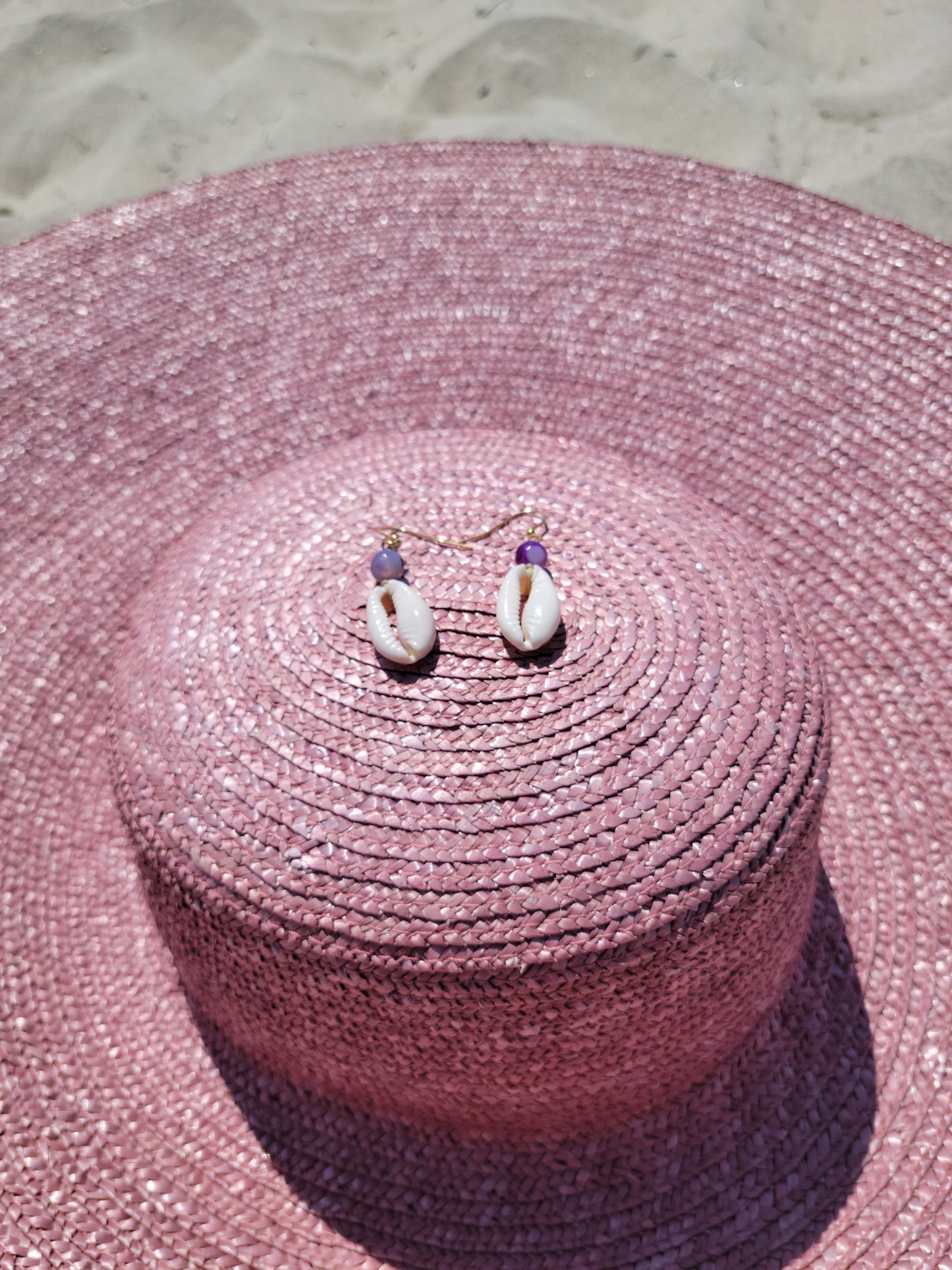 Cowrie Shell and Purple Banded Agate Drop Earrings