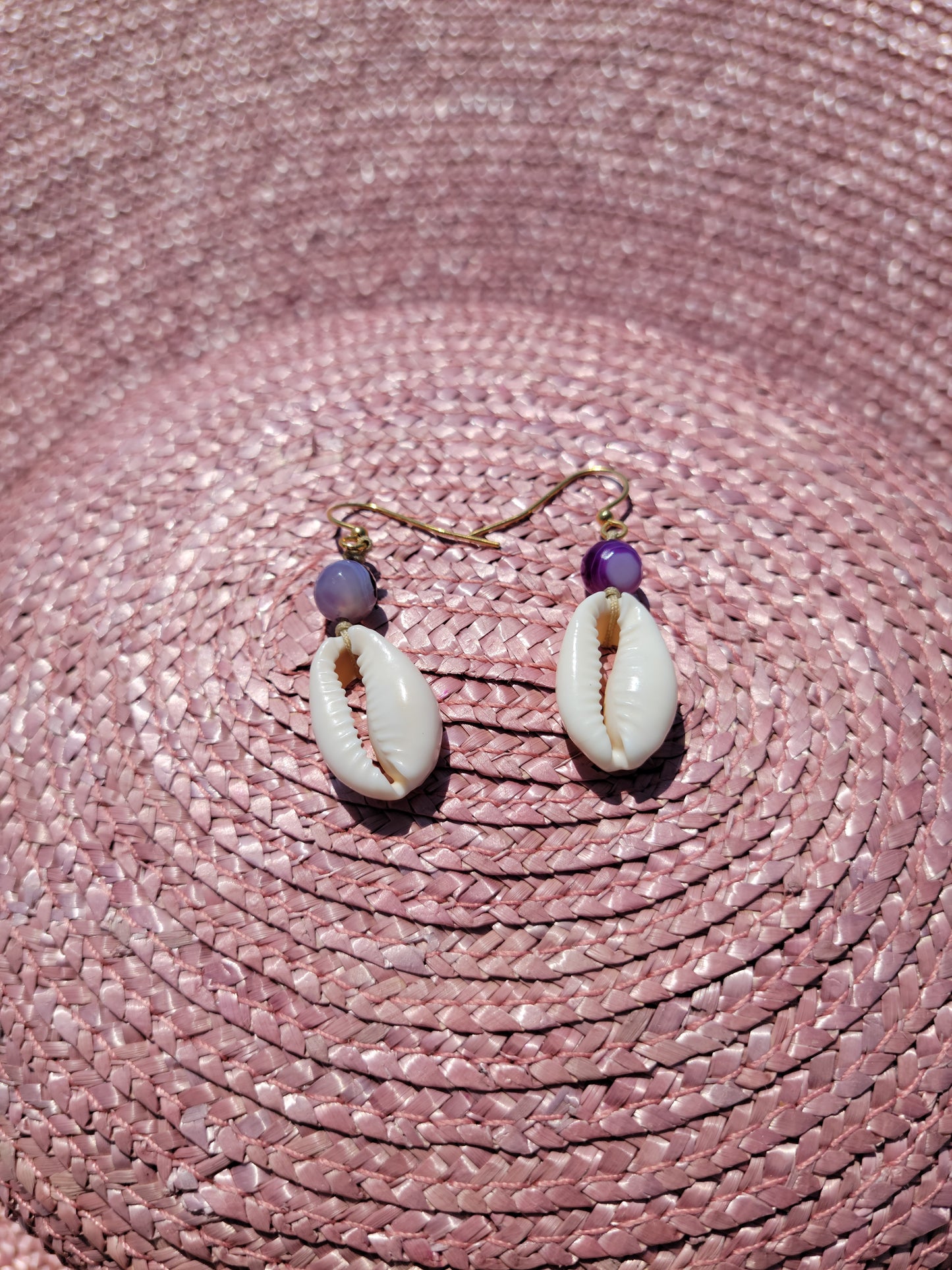 Cowrie Shell and Purple Banded Agate Drop Earrings