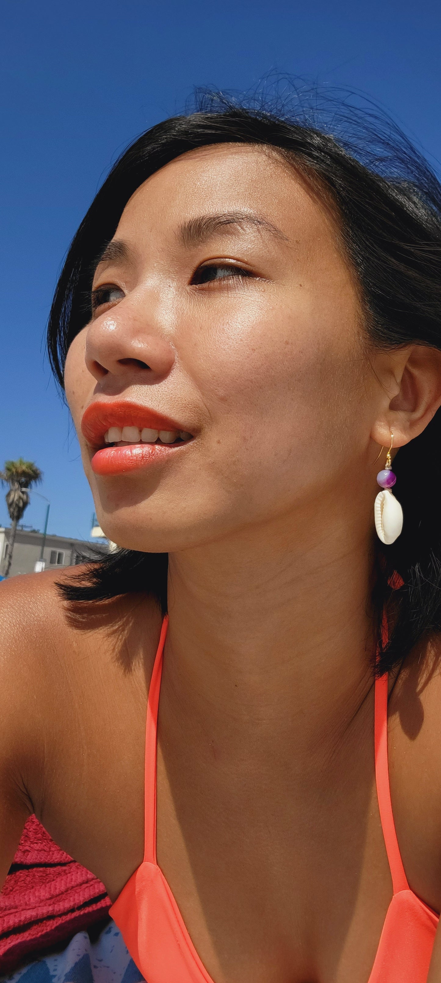 Cowrie Shell and Purple Banded Agate Drop Earrings