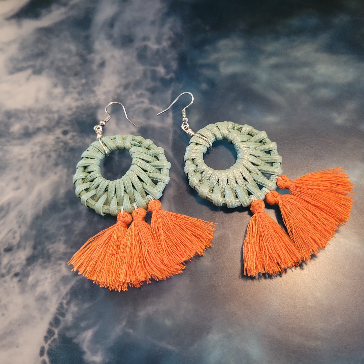 Teal Rattan Tassel Earrings