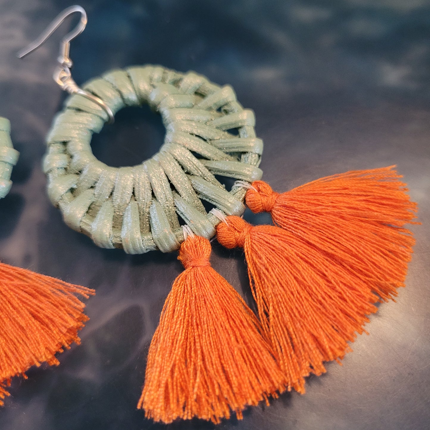 Teal Rattan Tassel Earrings