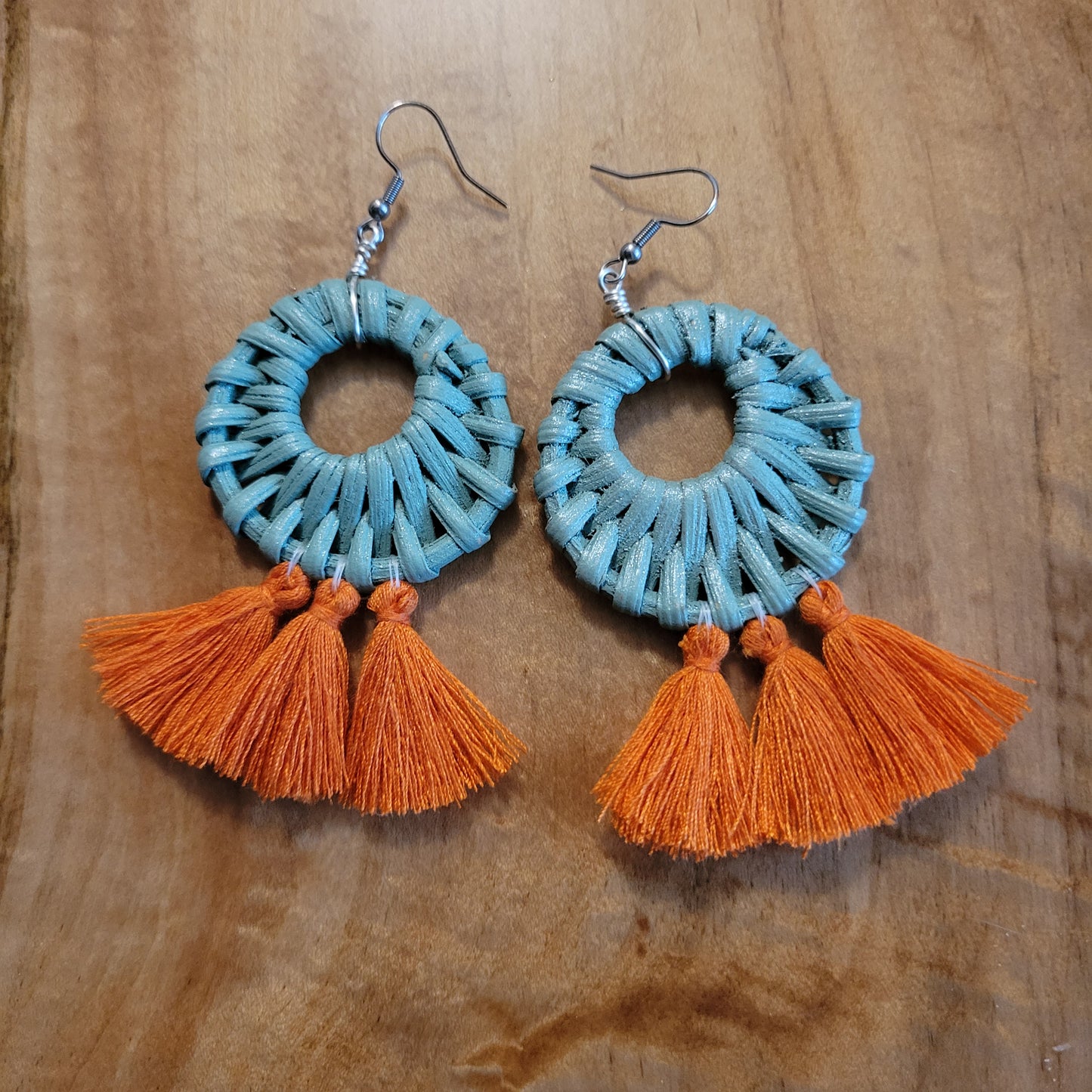 Teal Rattan Tassel Earrings