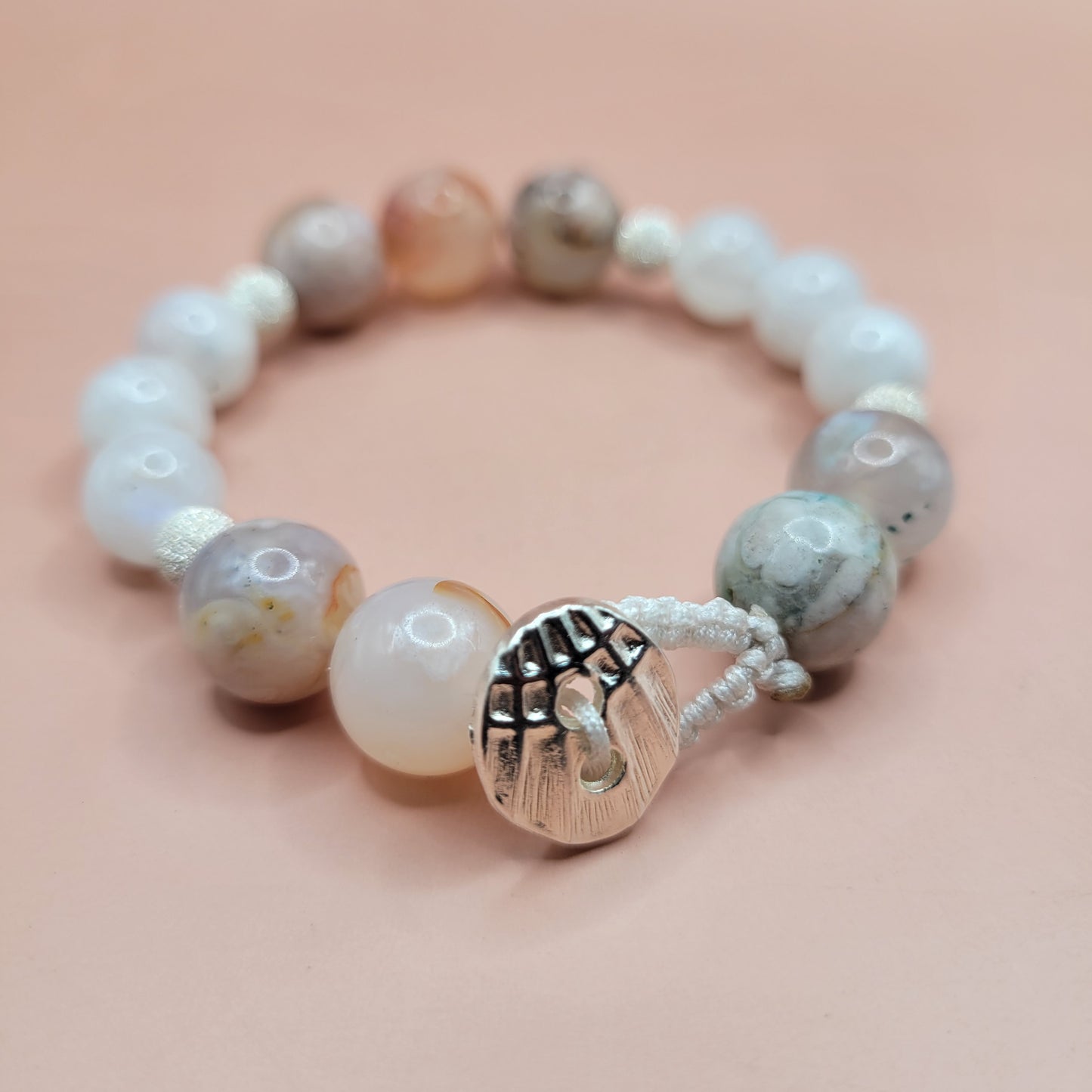 Chunky Cherry Blossom Agate, Rainbow Moonstone, and Silver Bracelet