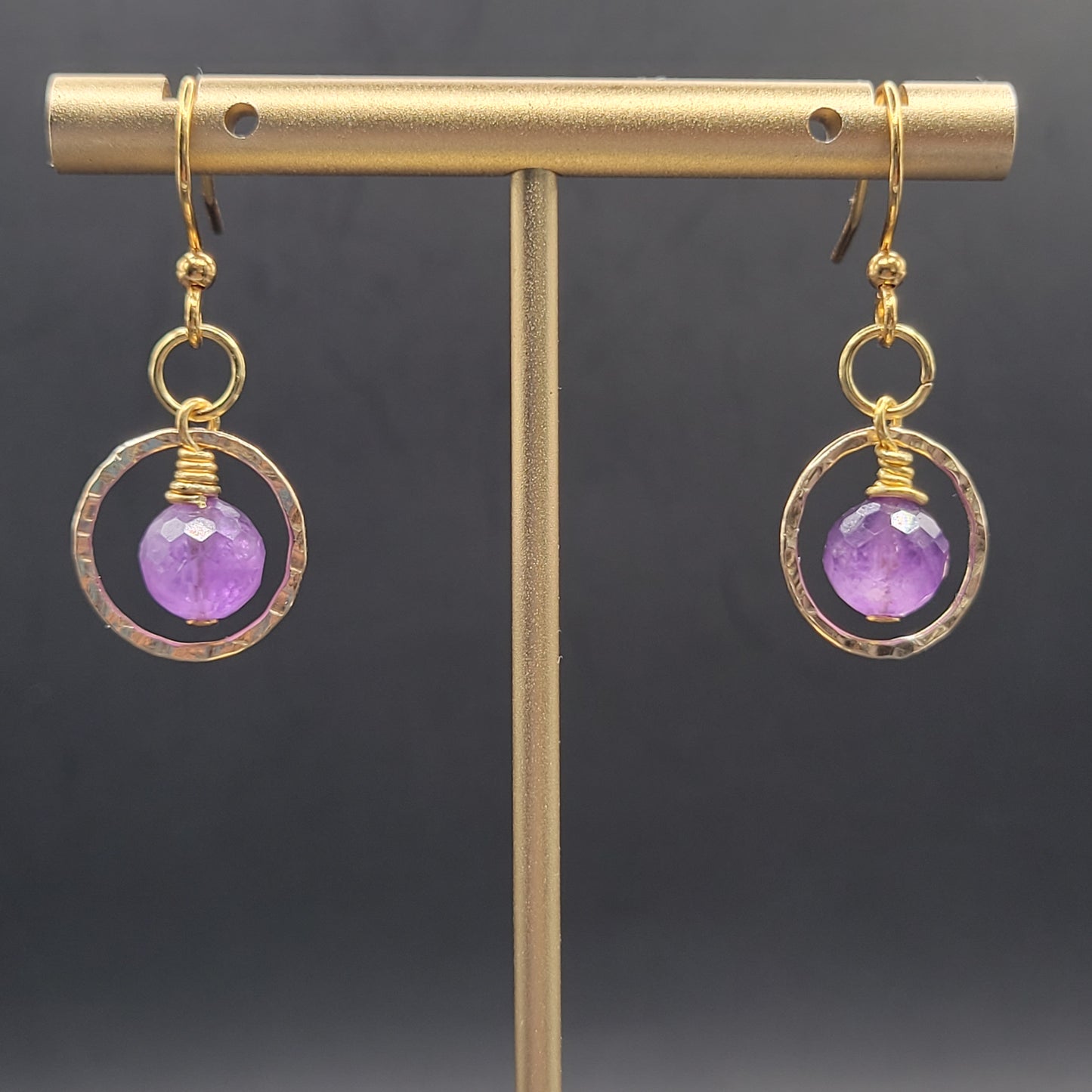 Hammered Gold Amethyst Dangle Earrings