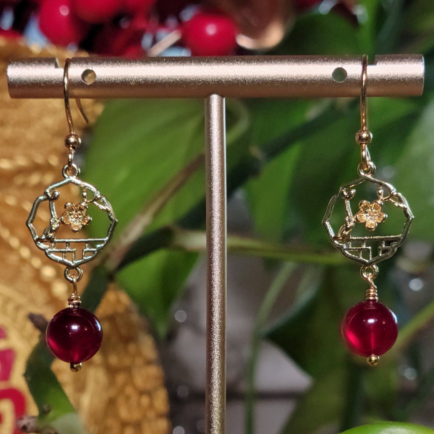 Gold Plum Blossom and Red Jade Drop Earrings