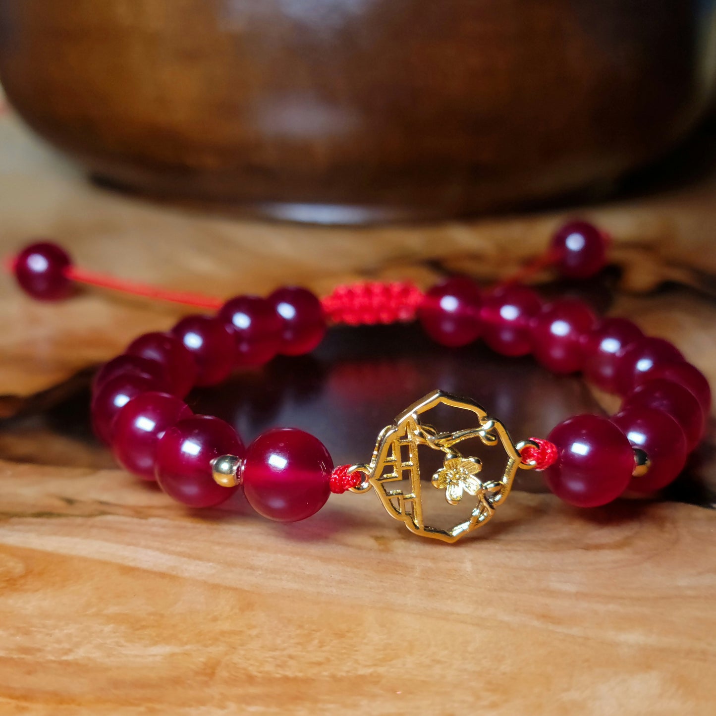 Gold Plum Blossom and Red Jade Bracelet