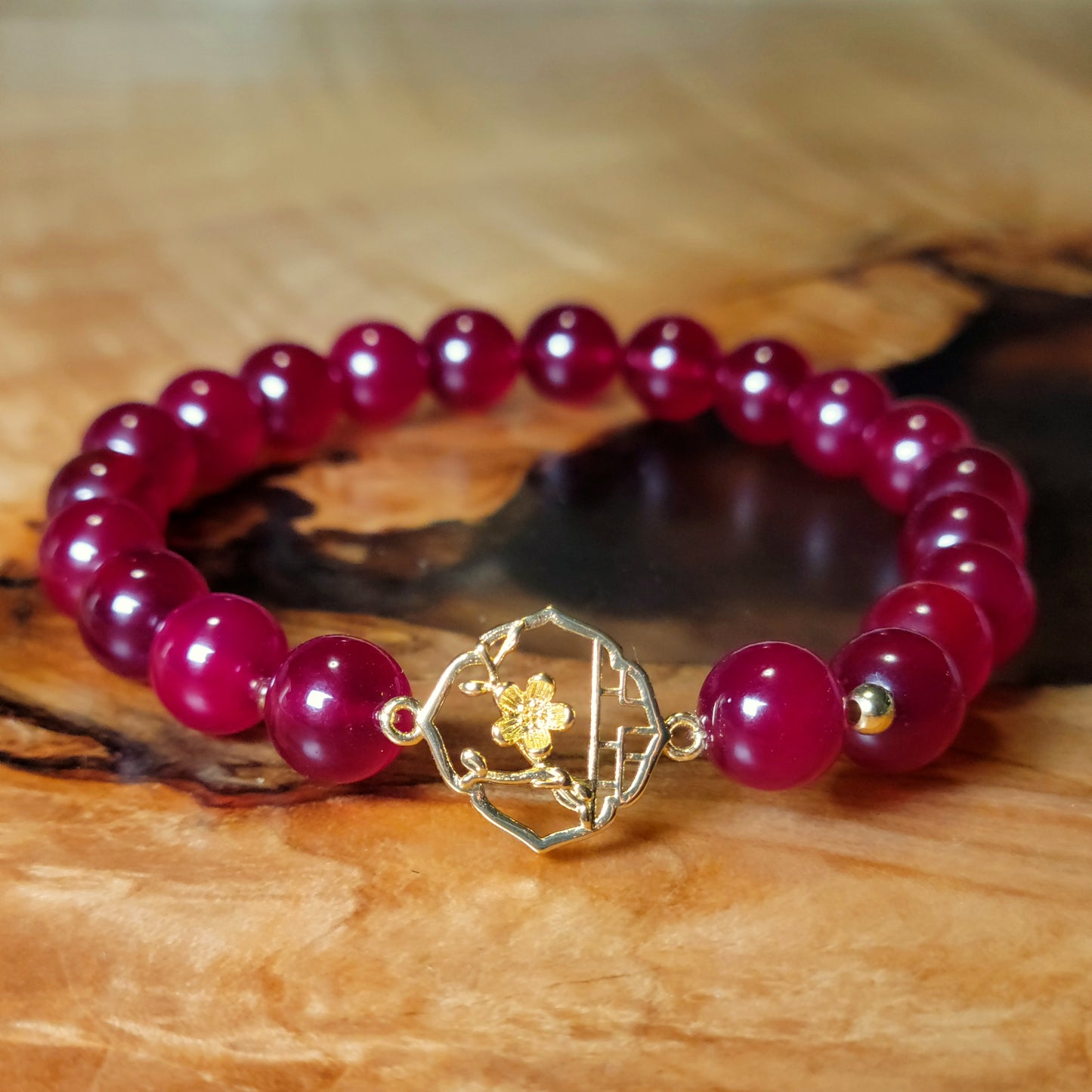 Gold Plum Blossom and Red Jade Bracelet