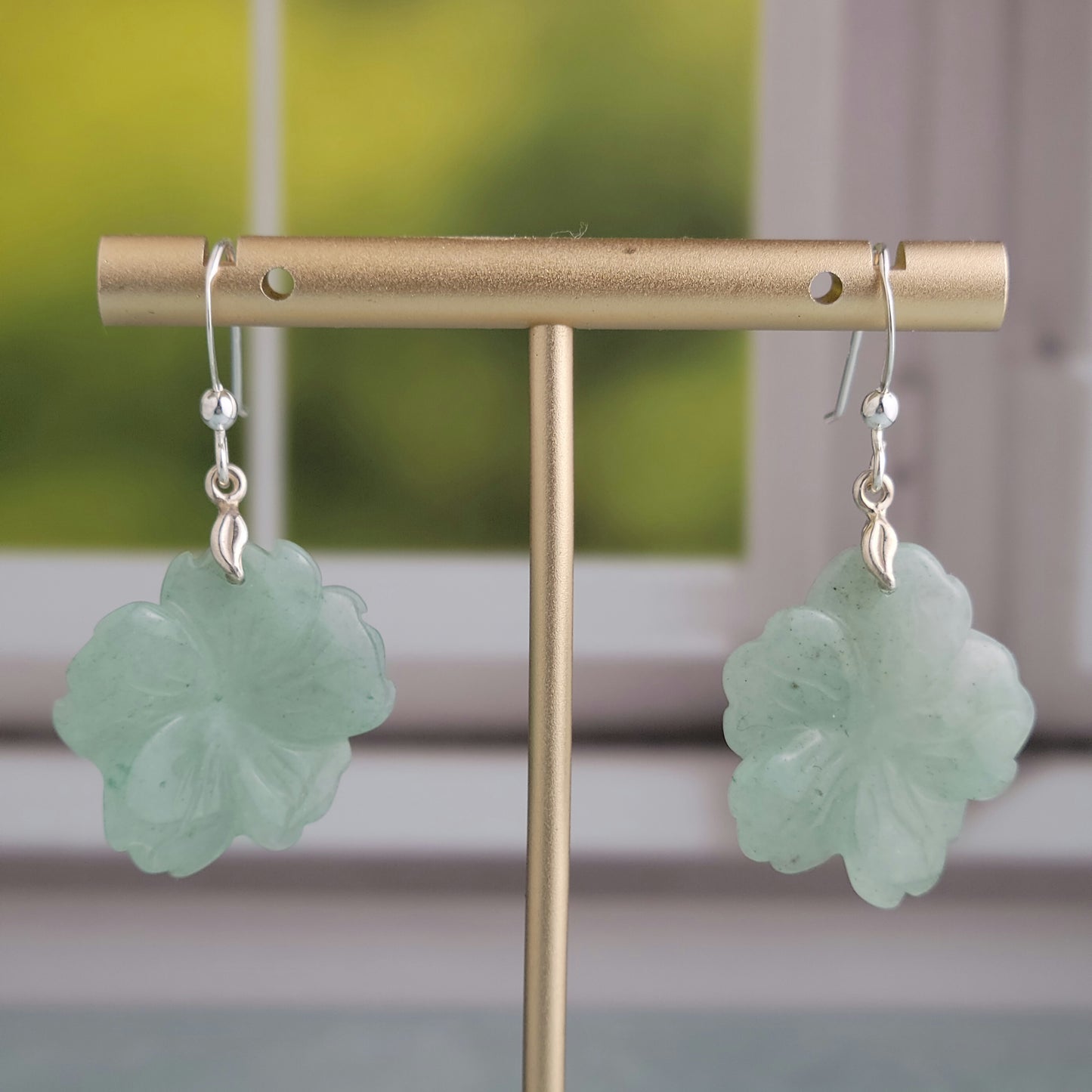 Carved Green Aventurine Flower Drop Earrings