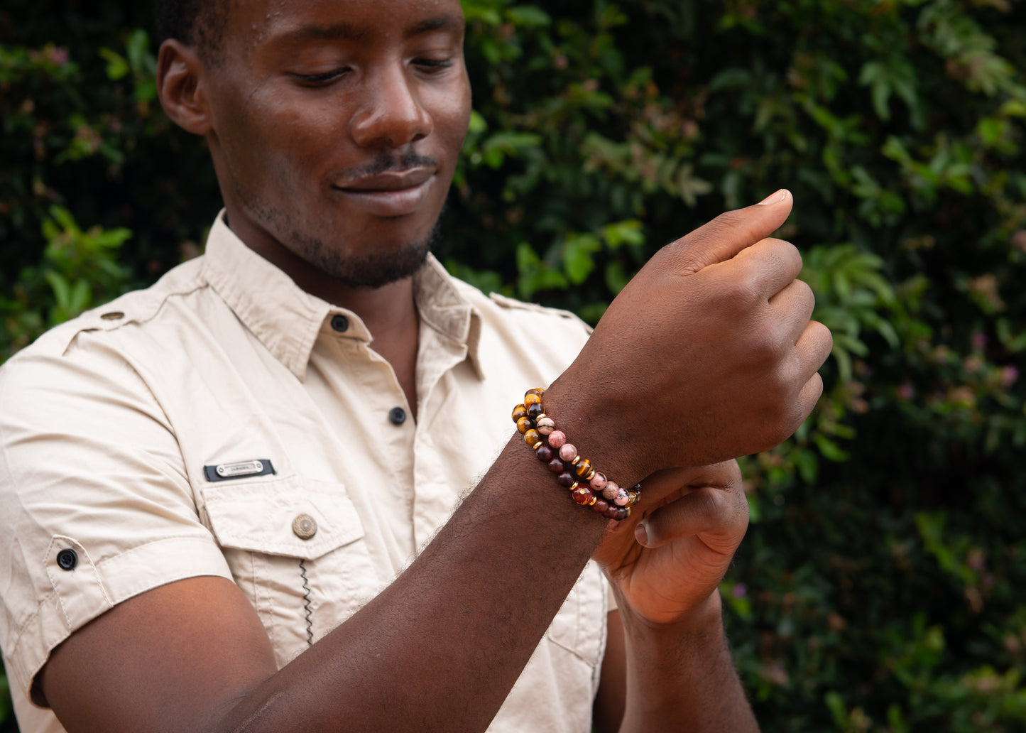 Carved Dragon Carnelian, Wood, and Tiger Eye Bracelet