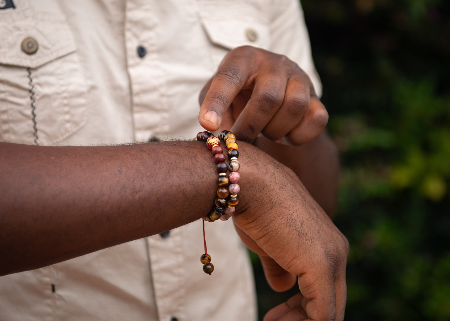 Carved Dragon Carnelian, Wood, and Tiger Eye Bracelet