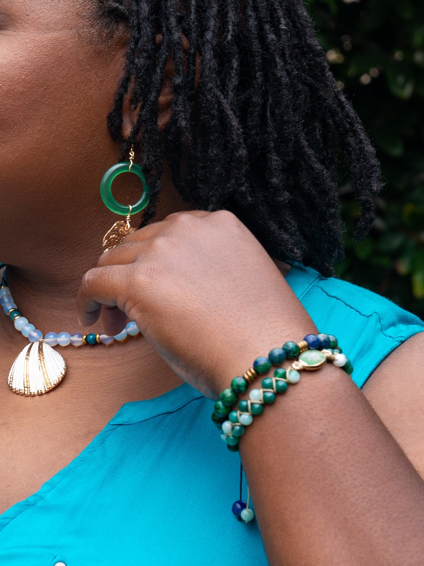 Adjustable Double-Shamballa Sea Sediment Jasper and Green-Banded Agate Bracelet.
