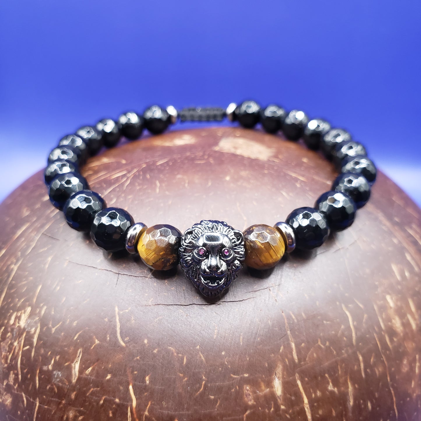 Faceted Onyx and Tiger's Eye Bracelet with Lion's Head Charm