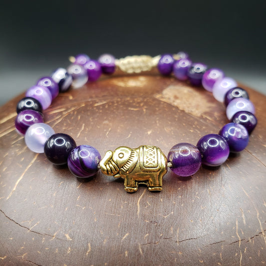 Purple Banded Agate Bracelet with Elephant Charm