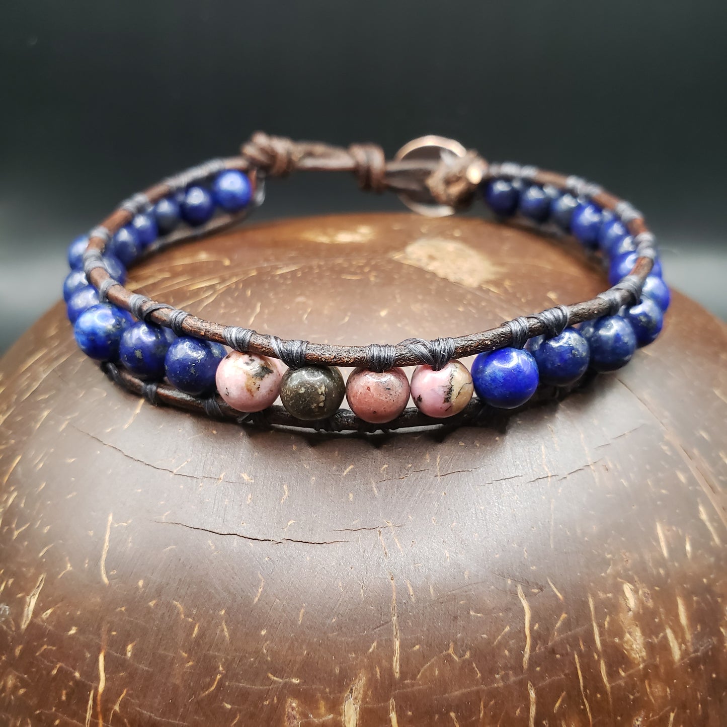 Lapis Lazuli and Rhodonite Leather and Beaded Bracelet