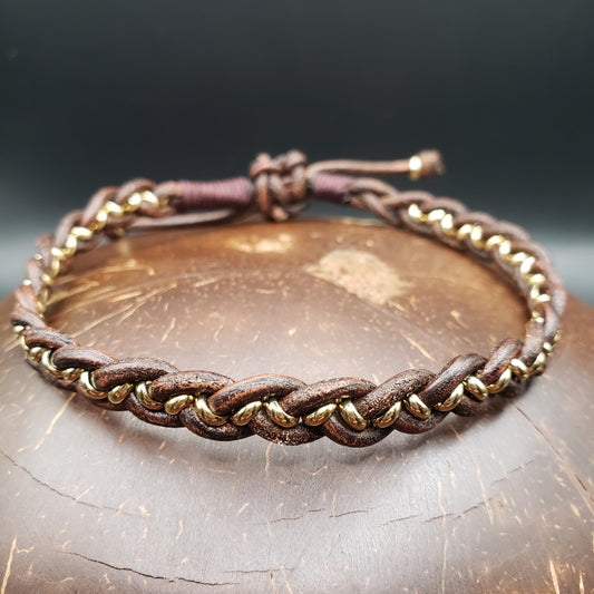 Adjustable Woven Leather with Gold Rings Bracelet