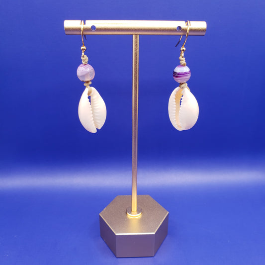 Cowrie Shell and Purple Banded Agate Drop Earrings