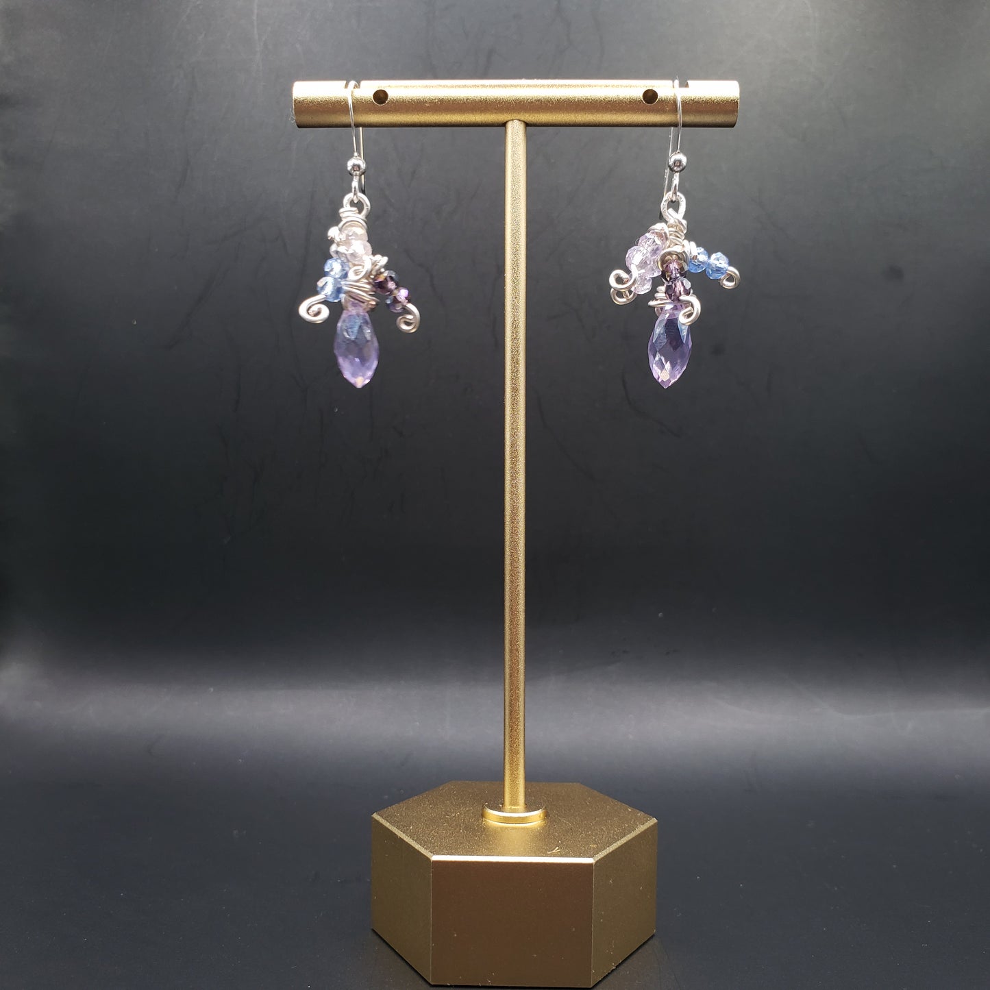 Blue and Lavender Wire Wrapped Crystal Cluster Drop Earrings
