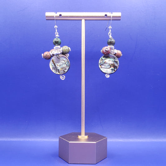 Wire-wrapped Abalone Shell Cluster Drop Earrings with Unakite and Jasper ("African Turquoise")