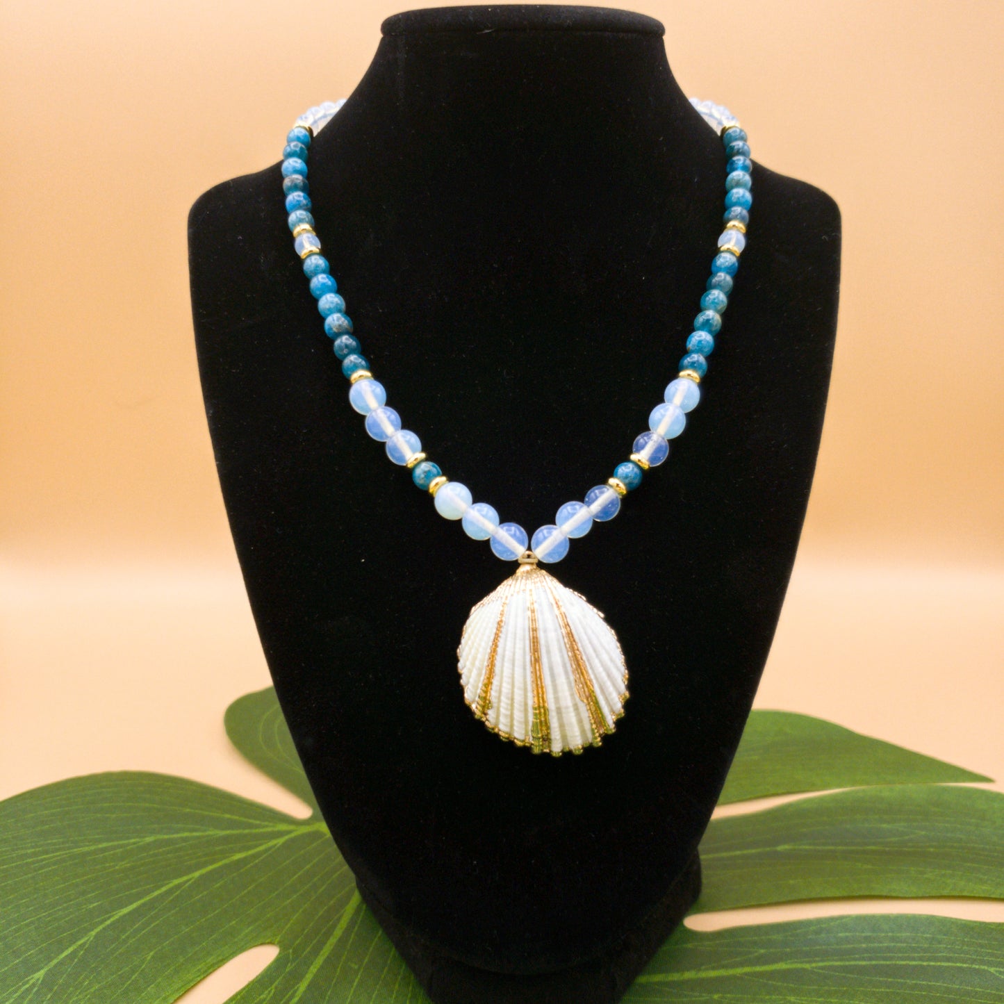 Apatite and Opalite with Gold-Plated Cockle Shell Pendant Necklace